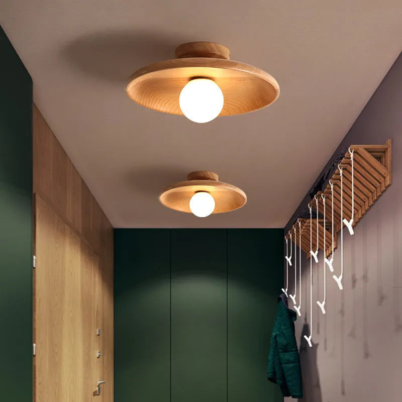 Solid wood minimalist ceiling lamp with glass shade in walnut colour