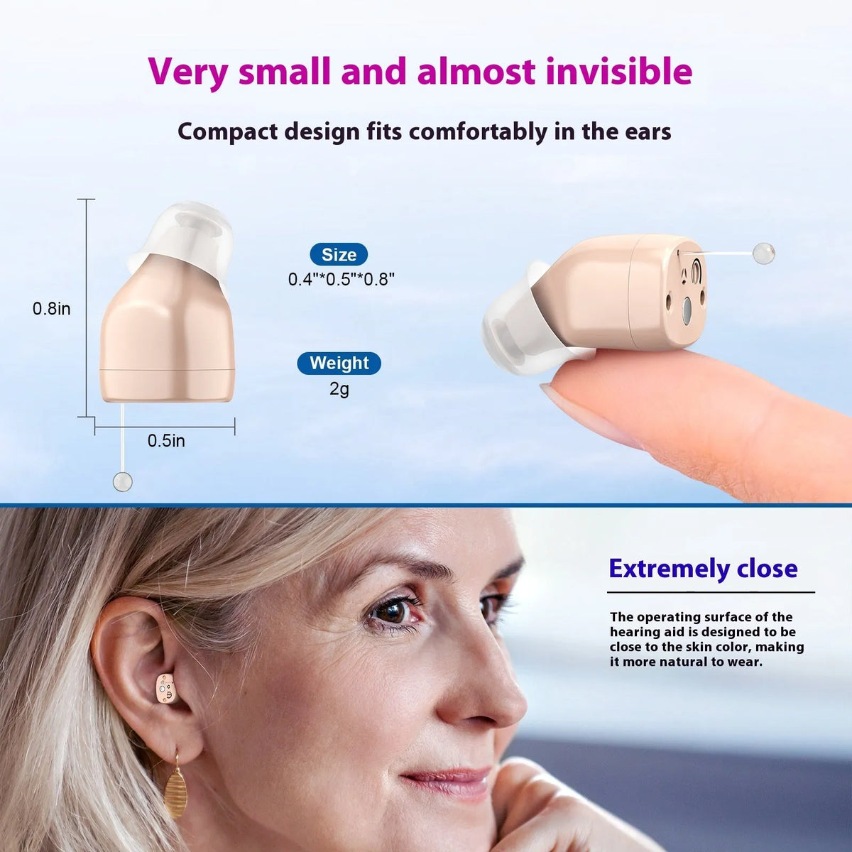 Rechargeable ultra-small in-ear hearing aid sound amplifier with USB power, brown red blue skin colour options