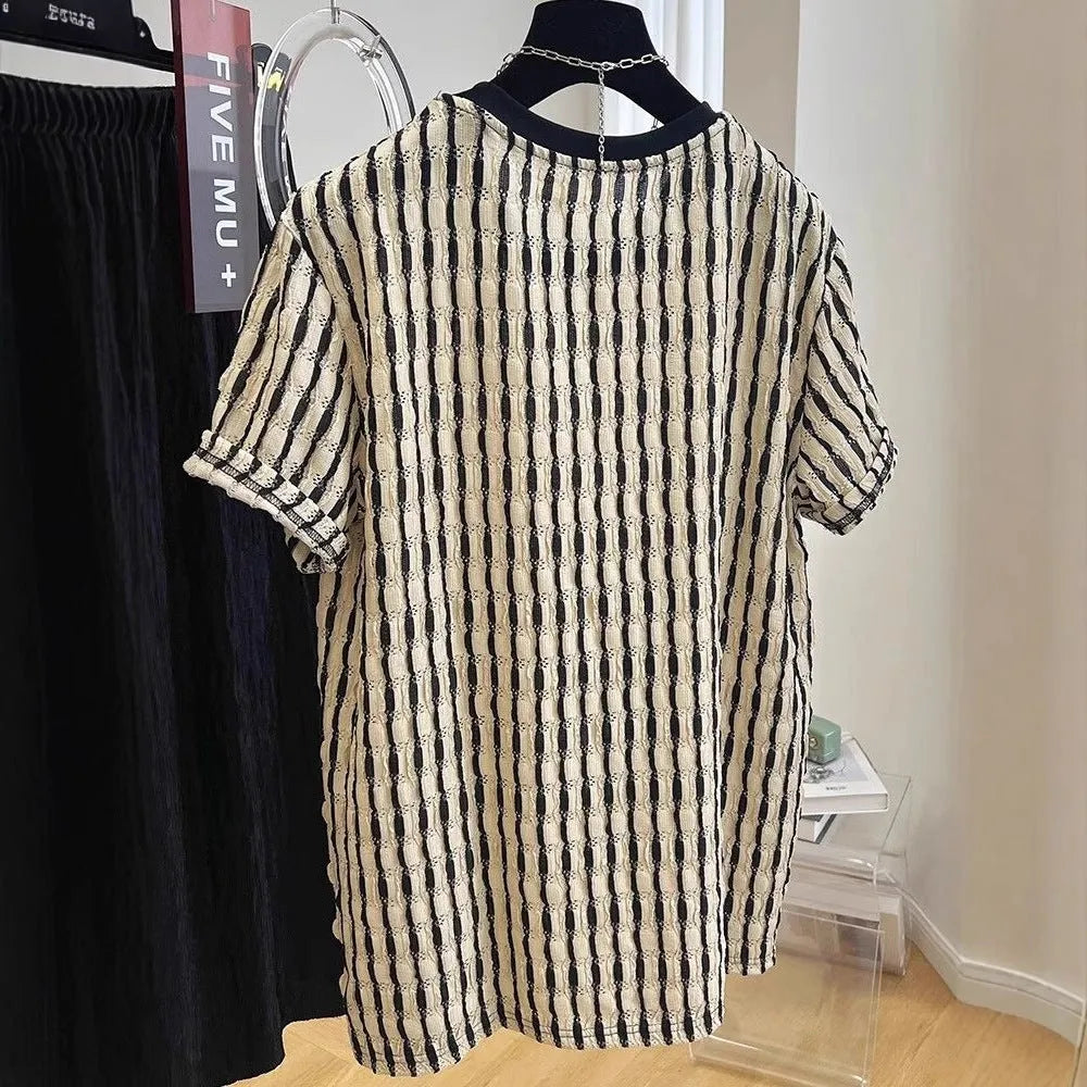 Men's black striped linen shirt with loose fit and short sleeves