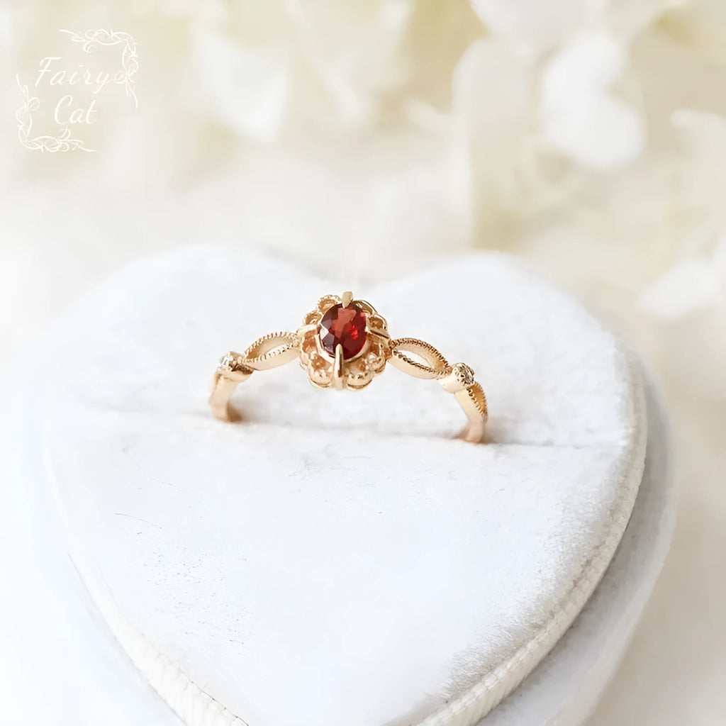 Natural garnet picture frame hollow lace flower ring in adjustable split ring copper with floral motifs