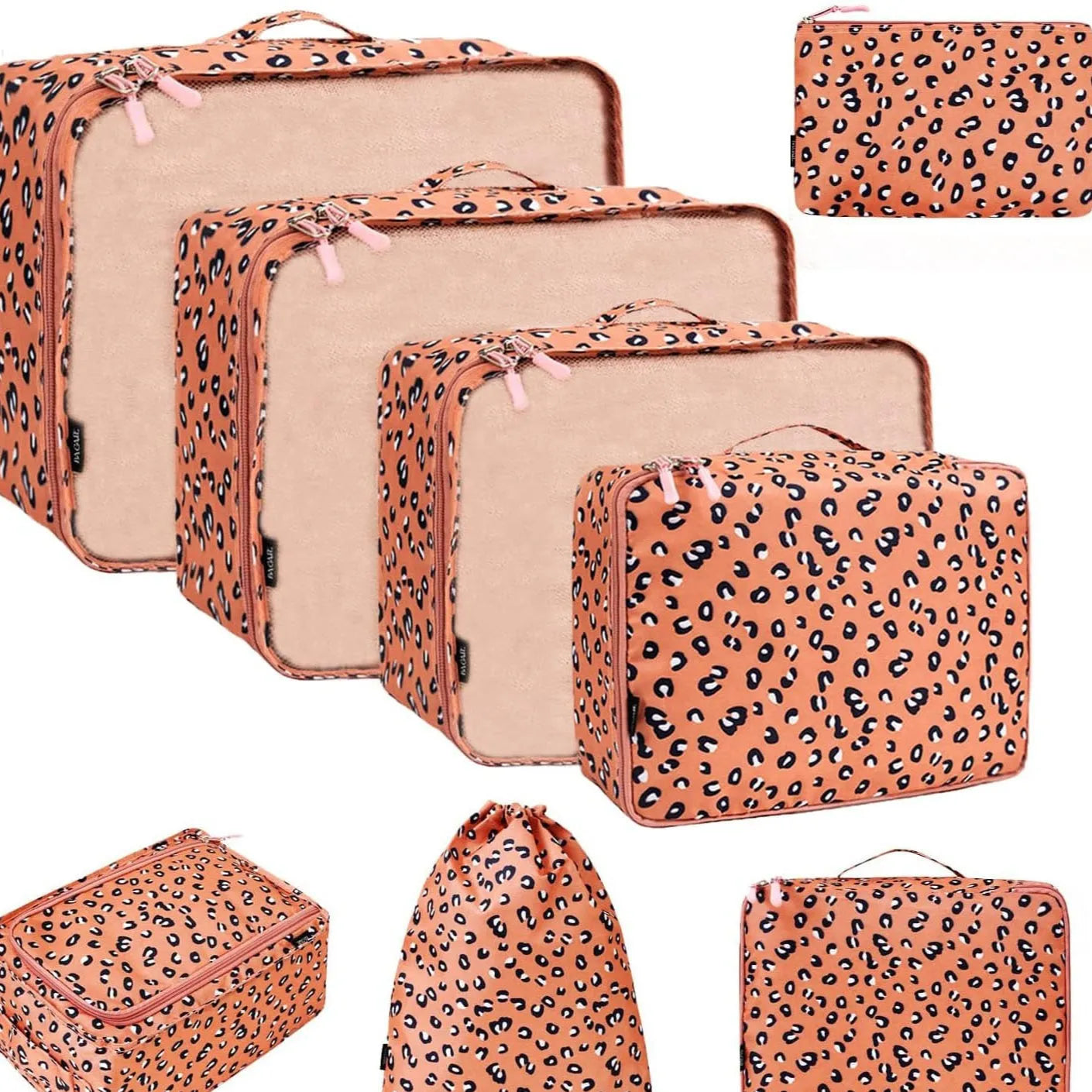 Set of eight cubic packing cubes for travel organisation in various colours including beige, black, and pink leopard print.