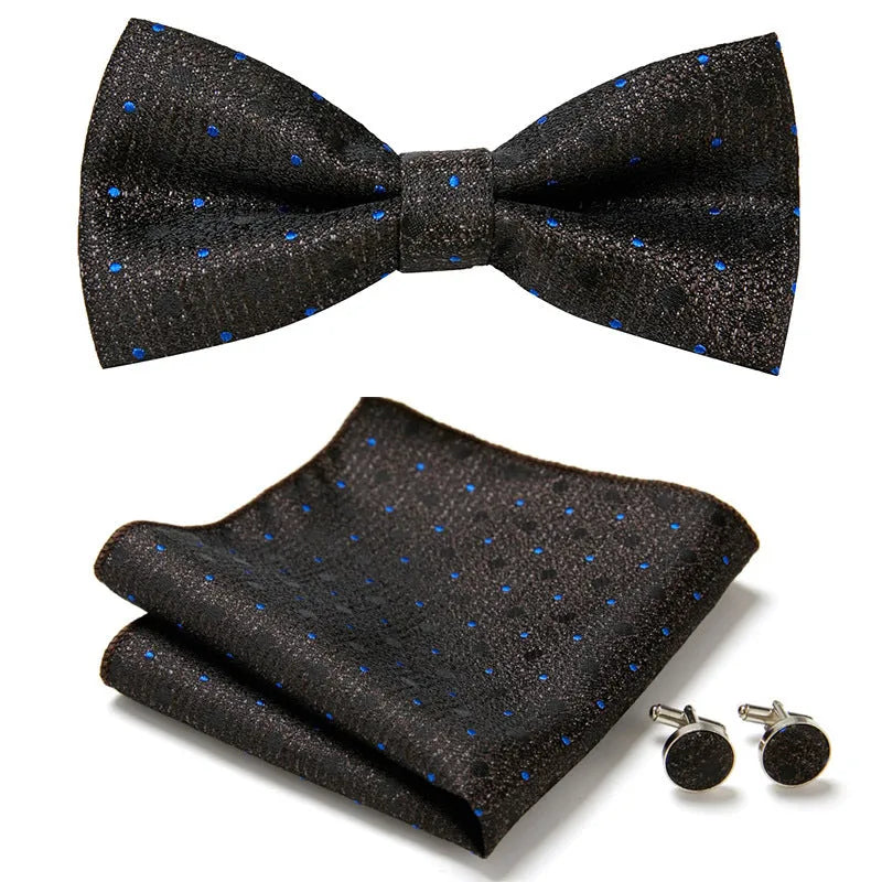 Floral Bow Tie Set of Three Pieces Polyester Yarn Hand-Sewn 12cm by 6cm Bow Tie with Matching Pocket Square 25x25cm and Cufflinks 1.5cm for Men's Formal Wedding and Party Accessories Multistyle Options