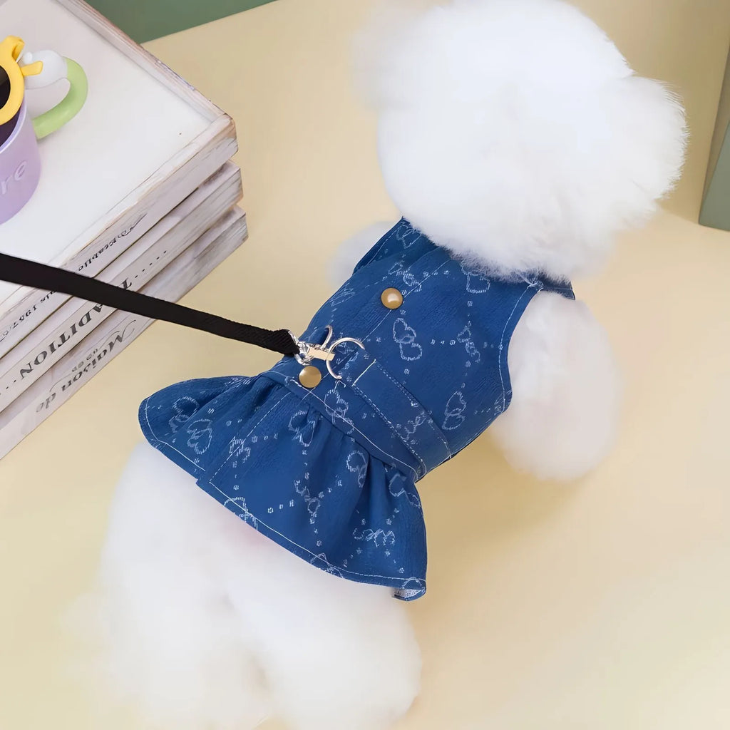 Small dog wearing denim princess dress with bracket skirt design in blue denim fabric