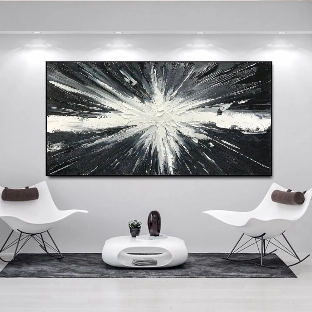 Abstract handmade oil painting on canvas black white texture horizontal living room wall art