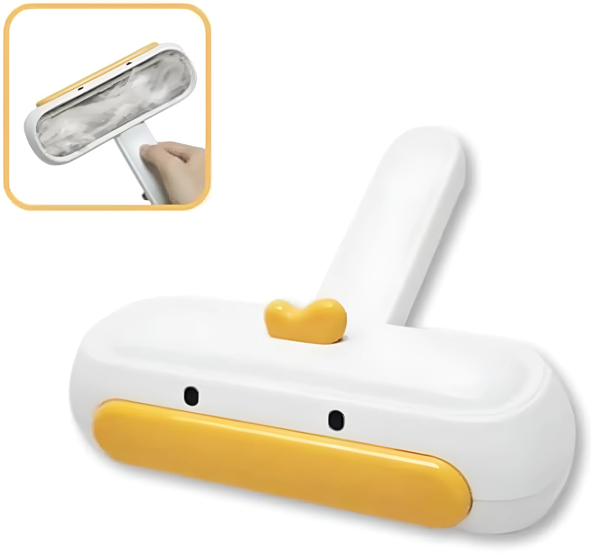 White portable pet hair remover tool with cartoon yellow duck design and polyester bristle surface