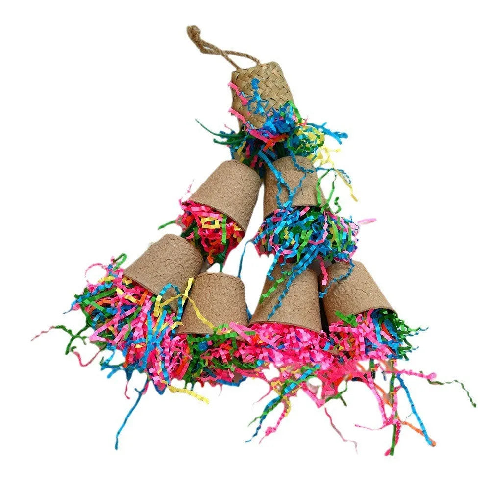 Wood tone palm weaving parrot gnawing toy shaped like a paper cup with 38cm hanging cord