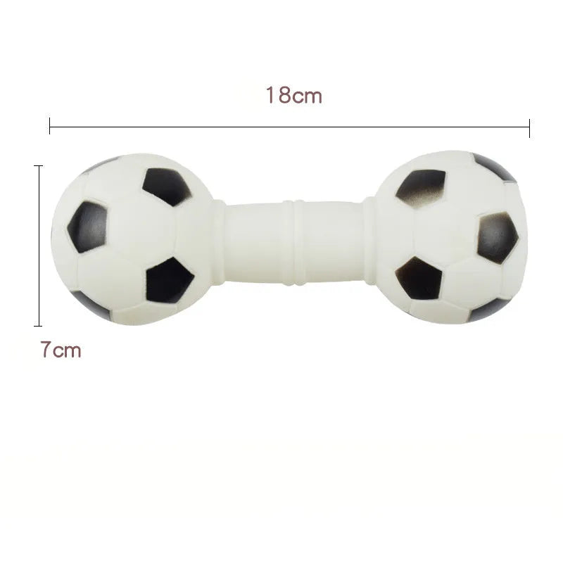 Brown, orange, white, and yellow football dumbbell shaped dog chew toy with squeaker