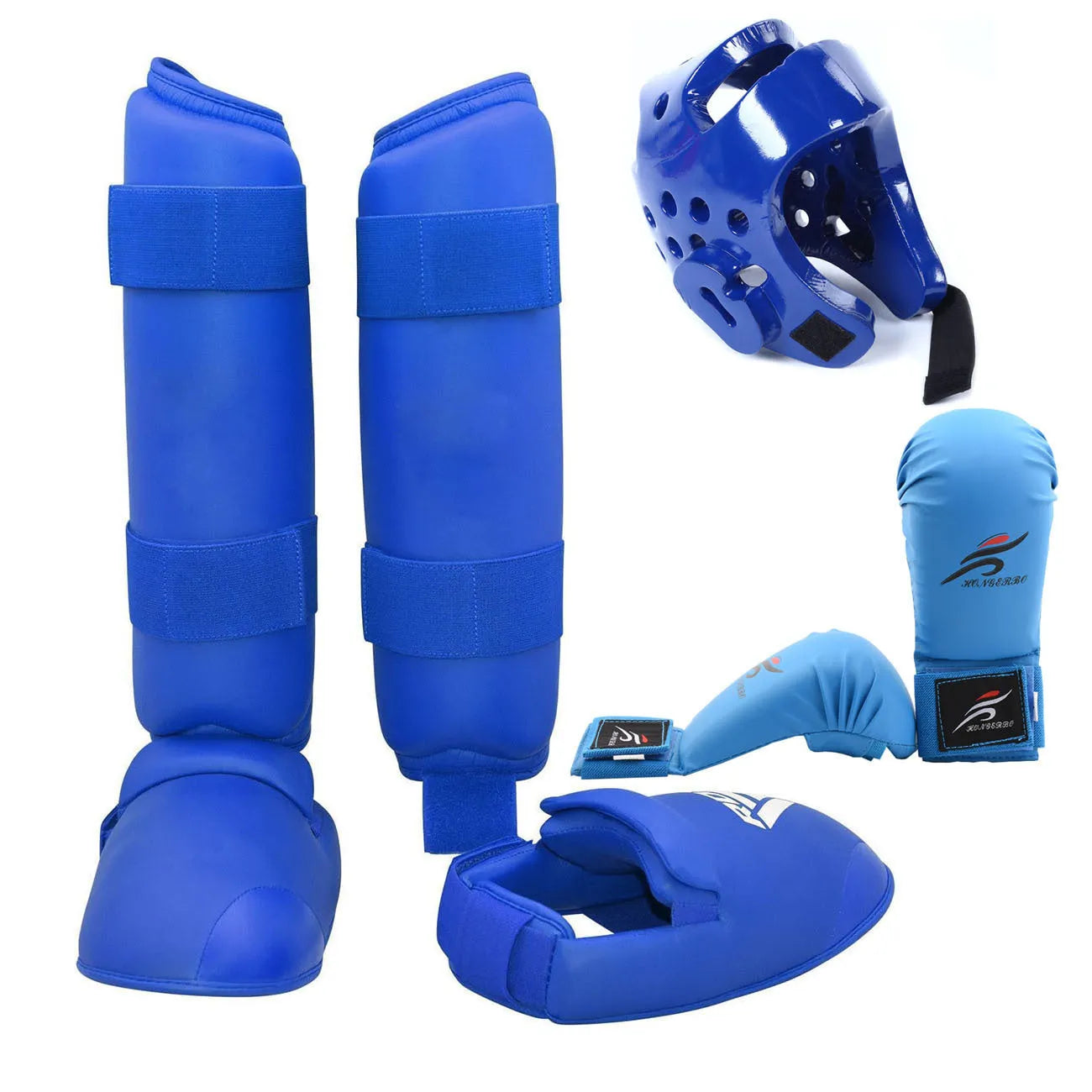 Complete martial arts protective gear set with red leg guards, helmet and boxing gloves