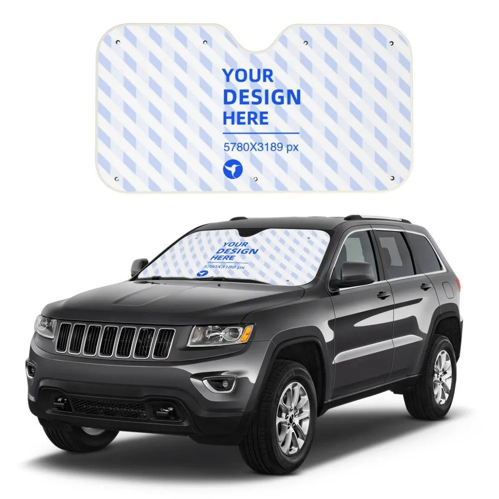 Lightweight car windshield sunshade in black with silver-coated fabric and suction cups