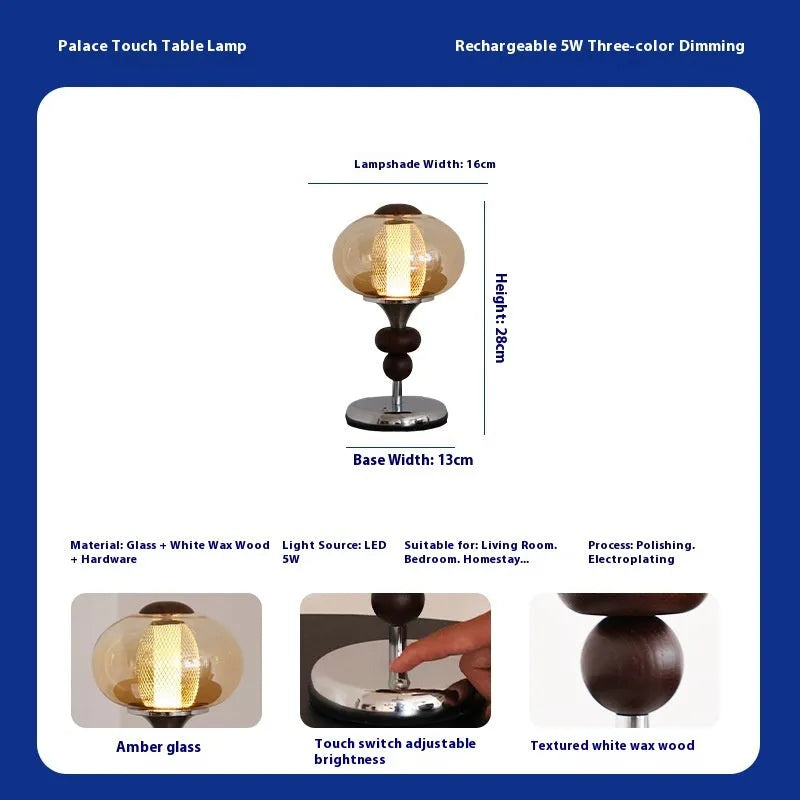 Solid wood retro palace table lamp with touch controls for dimming and colour-changing functions