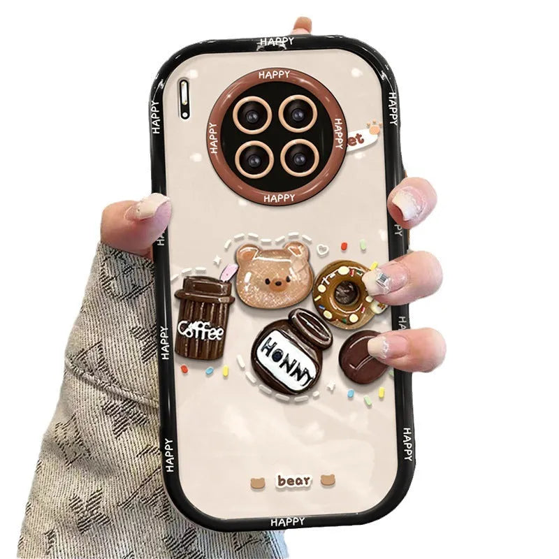 Coffee bear 3D doll pendant silicone phone case in cream black for Apple iPhone