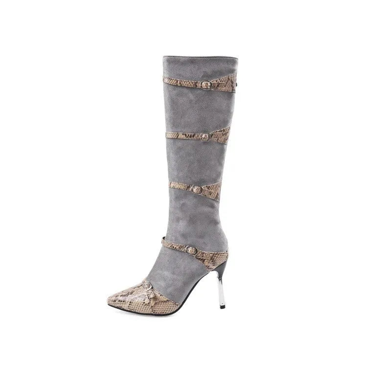 Grey and black women's knee-high boots with a high heel and velvet lining.
