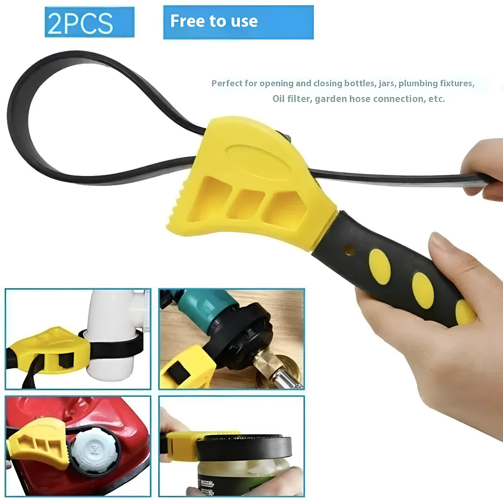 A plastic rubber strap wrench set showing 6-inch and 8-inch sizes with a phosphated metal handle.