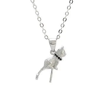Close-up of a sterling silver cat pendant necklace on a clavicle, showing the electroplated finish.
