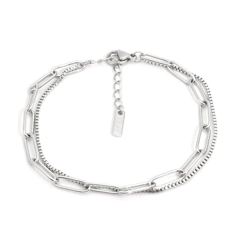 Double layer titanium steel bracelet with geometric line design in gold or silver colour