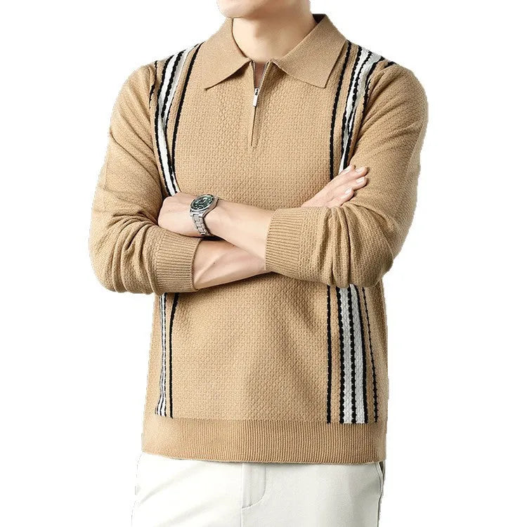 Men's half-zip long sleeve polo sweater in camel yellow with striped colour block pattern and turn-down collar.