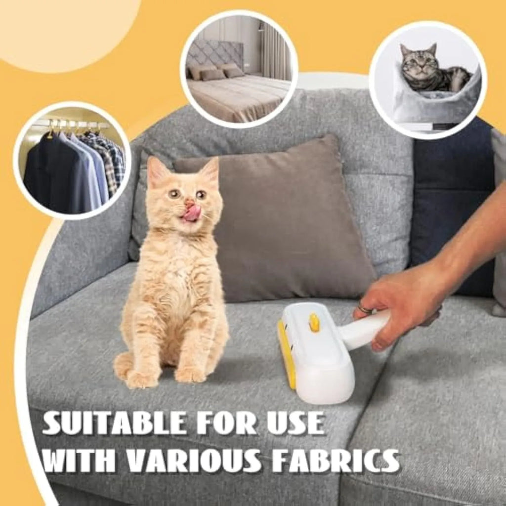 White portable pet hair remover tool with cartoon yellow duck design and polyester bristle surface