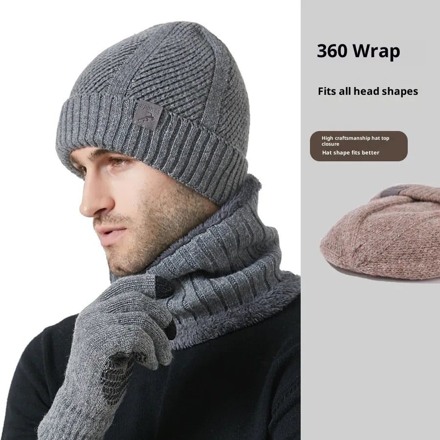 Winter men's wool knit hat scarf gloves three-piece set in gray casual style