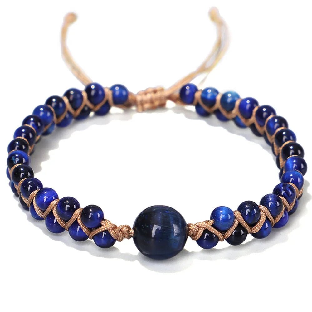 Handmade woven pull bracelet with geometric tigereye beads in blue or amethyst colour