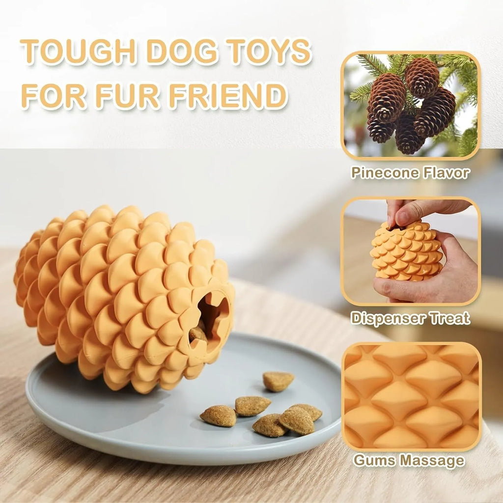 Yellow pine cone shaped tough rubber dog toy with treat dispenser for large dogs.