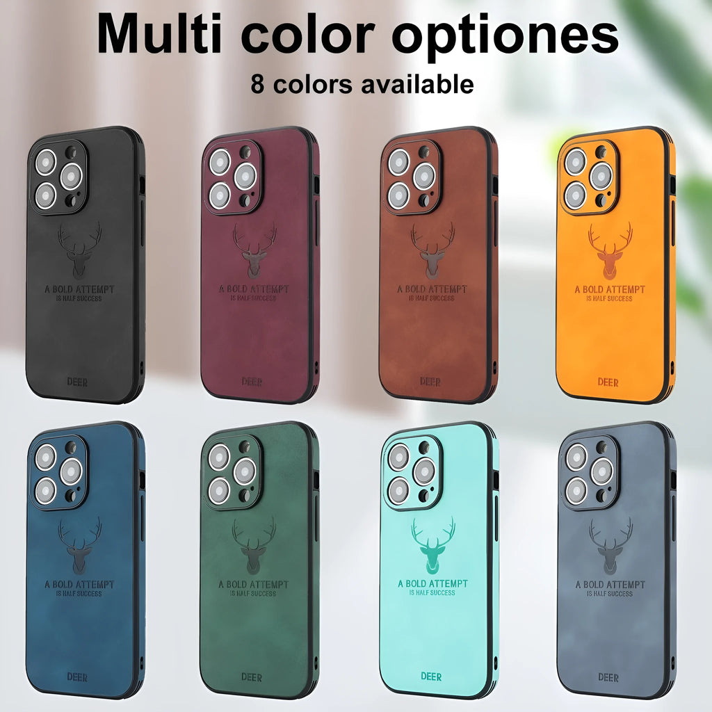 iPhone 16 series imitation leather phone case with embossed moose head design showing magnetic charging compatibility