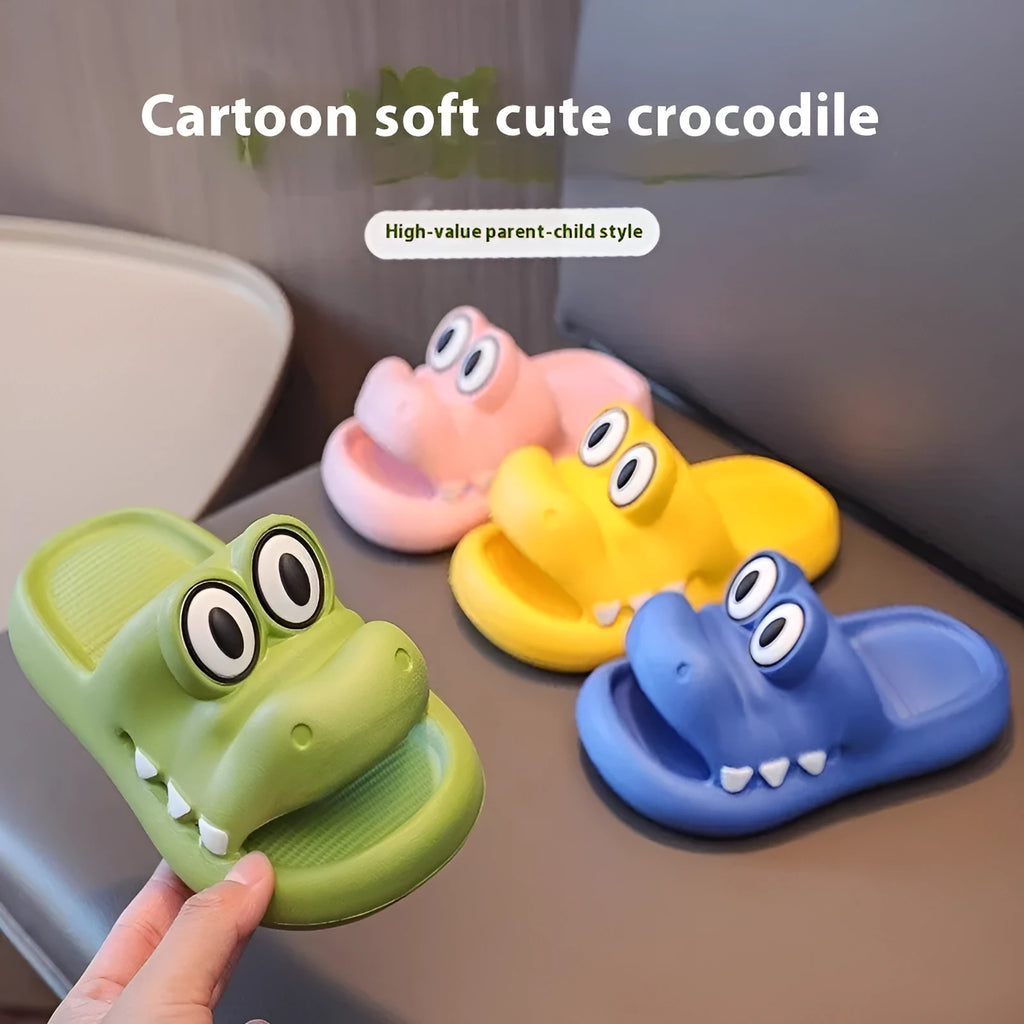 EVA platform sandals for parent and child in animal pattern design, available in pink, green, yellow, and blue colours.