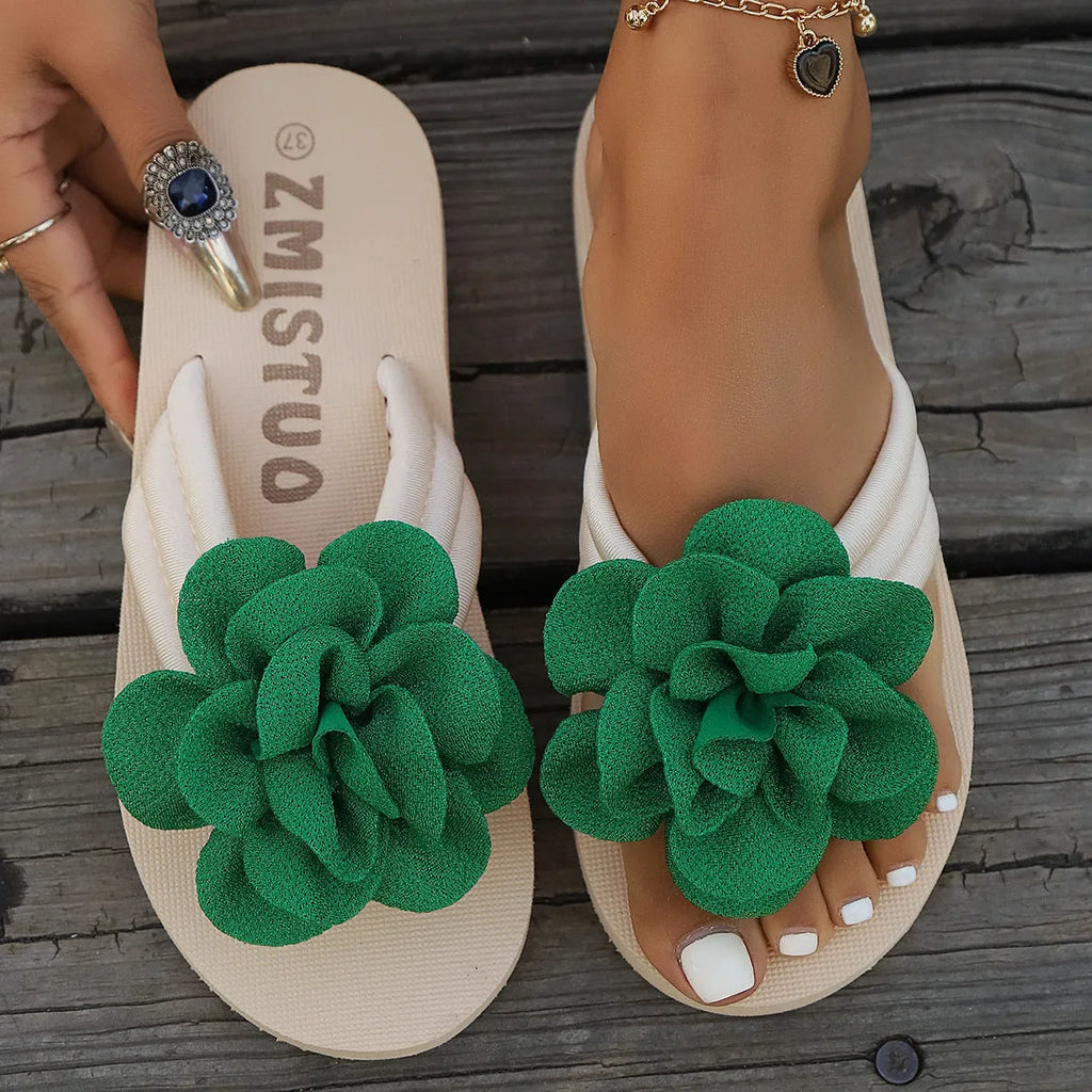 Plus size women's casual PU slippers in green, rose red, or beige with round toe.