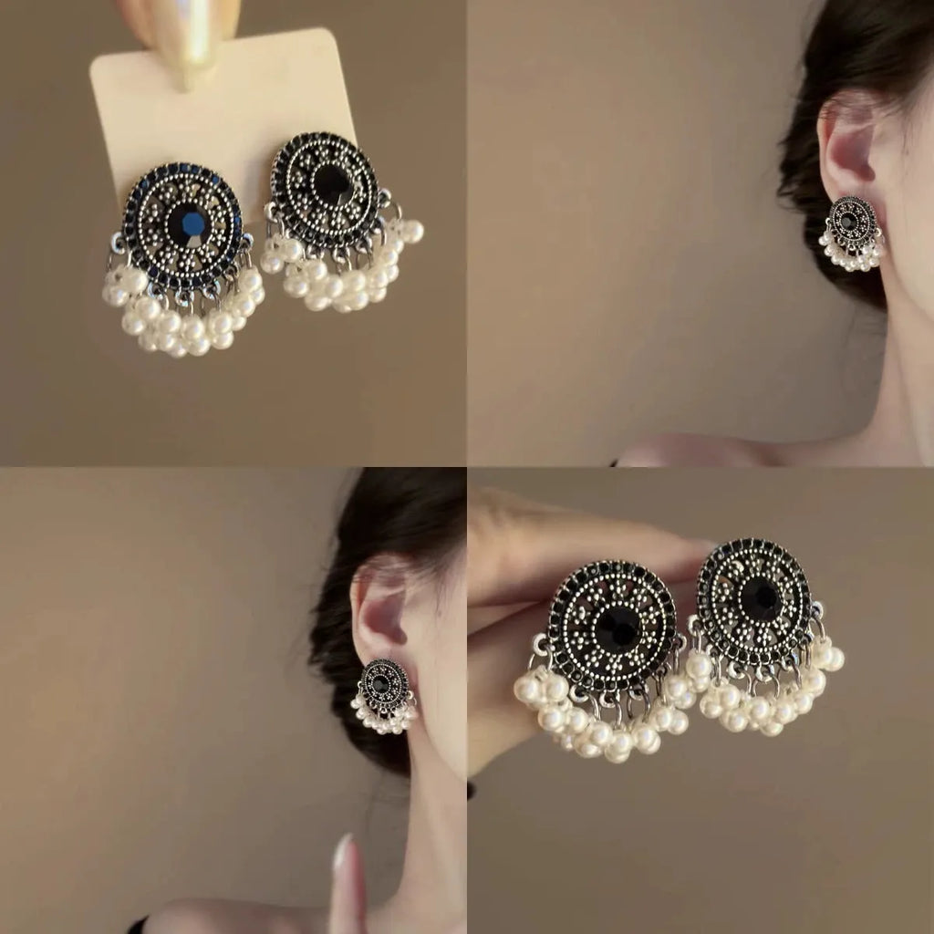 Miao maiden pearl earrings in alloy with electroplated finish, geometric round ethnic style for women, one pair
