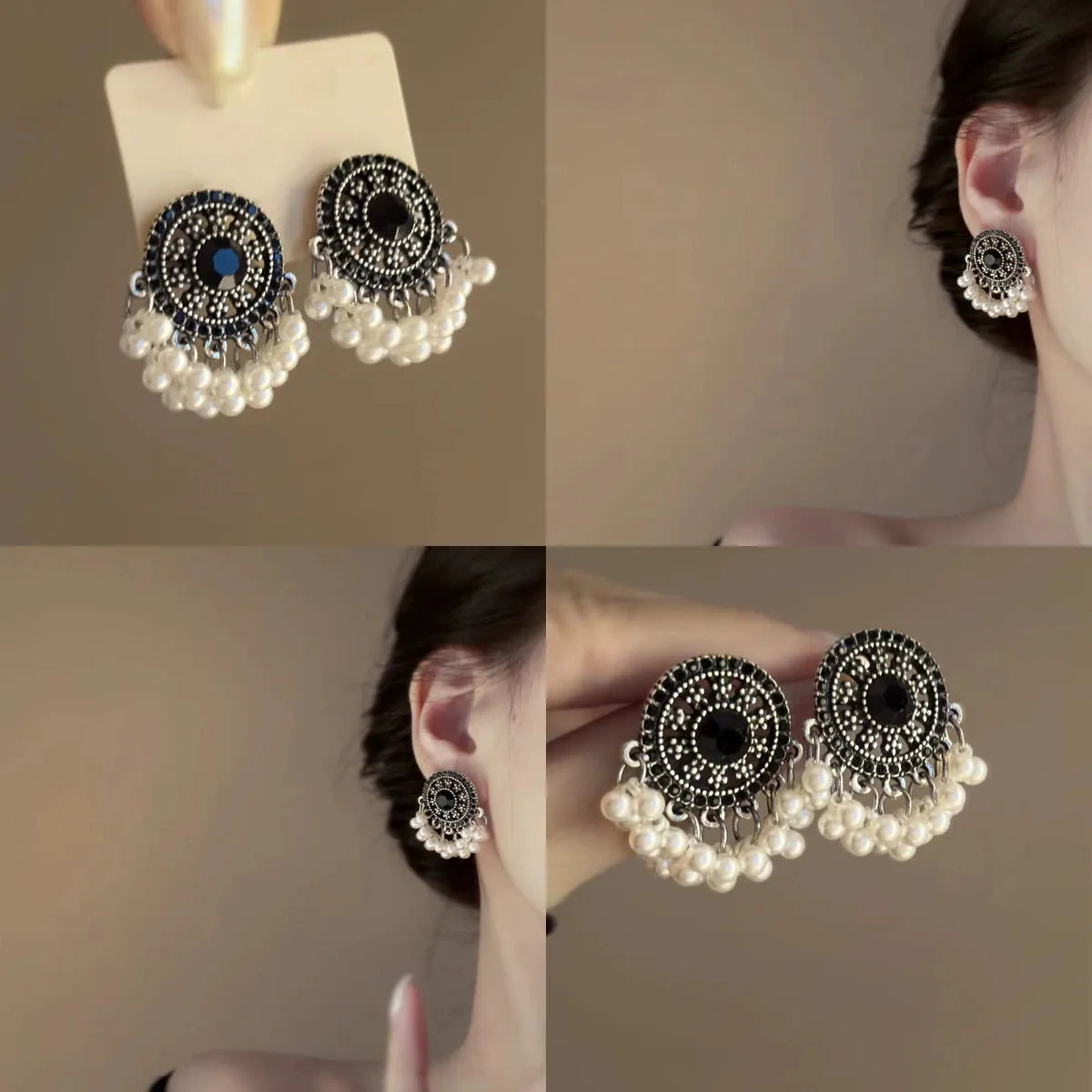 Miao maiden pearl earrings in alloy with electroplated finish, geometric round ethnic style for women, one pair