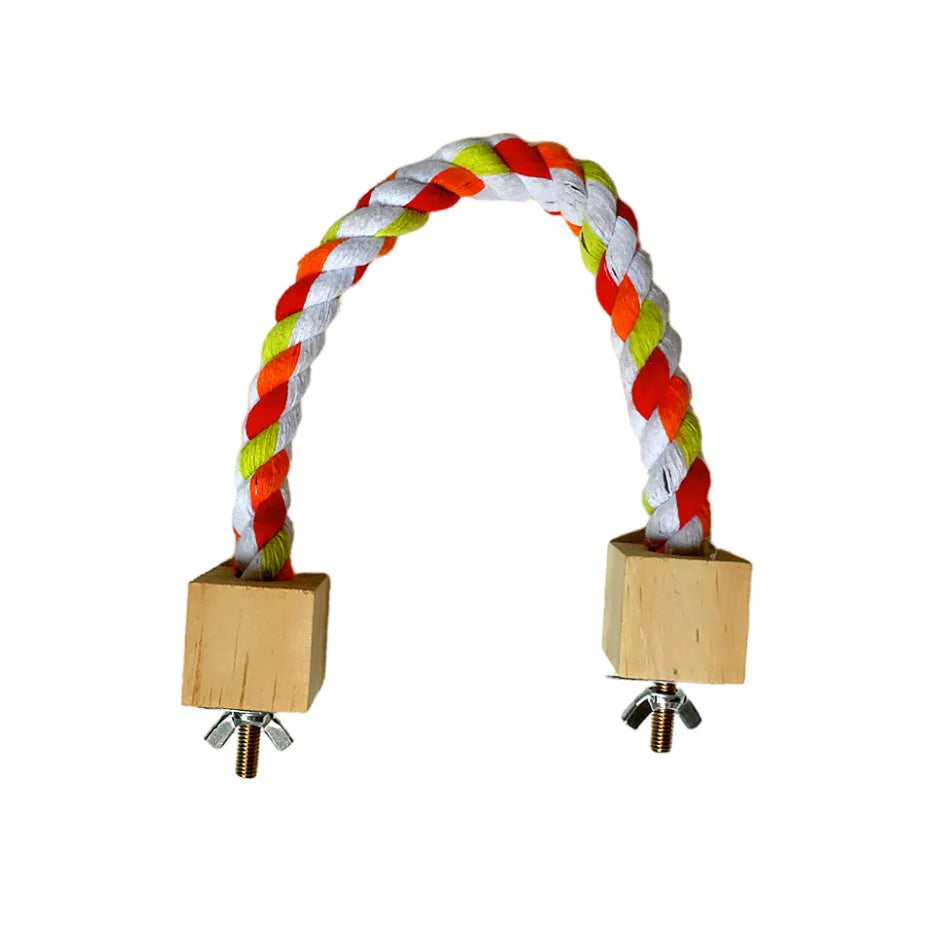 Parrot climbing rope toy with wooden rings in 30cm size, natural wood and rope construction, dark floral pattern