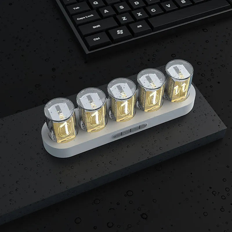 RGB Luminotron digital desktop clock with LED colour display in black, white or wood grain finish