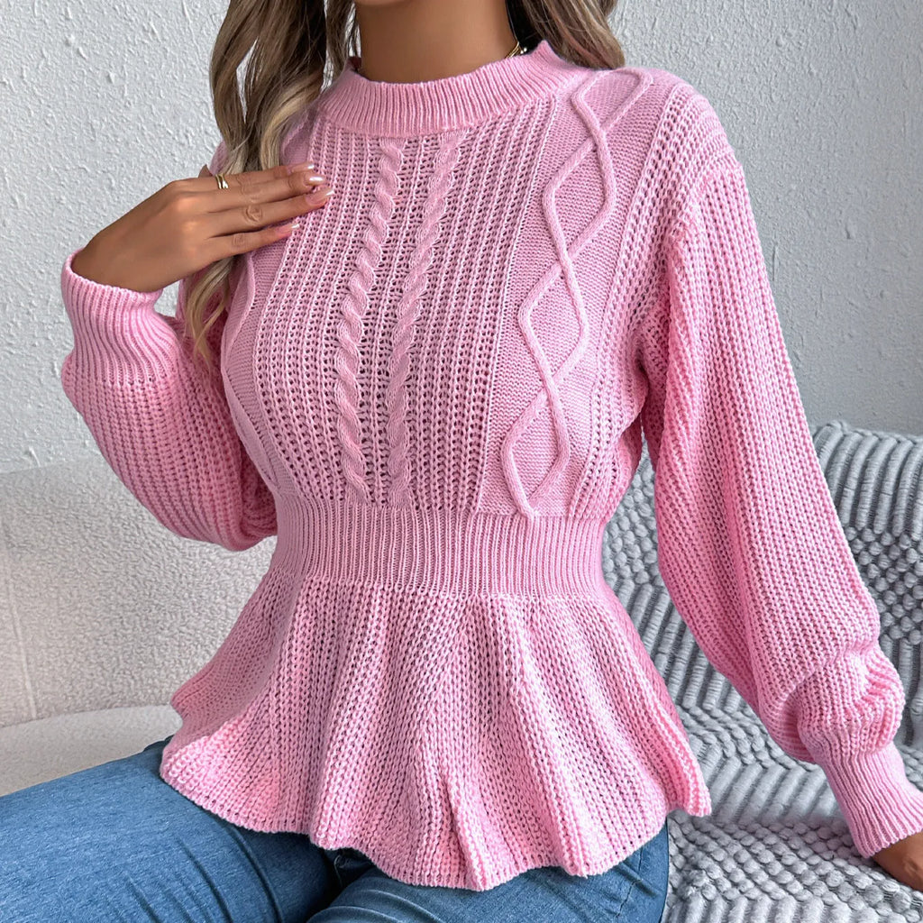 Twist waist trimming ruffles long sleeve pullover in white, wine red, and pink, available in sizes S to XL