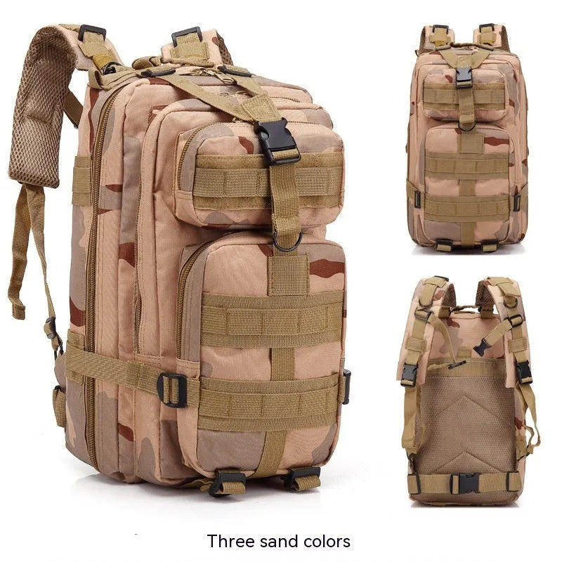 Large khaki coloured off-road hiking backpack with air pillow belt system on a rocky outdoor trail.