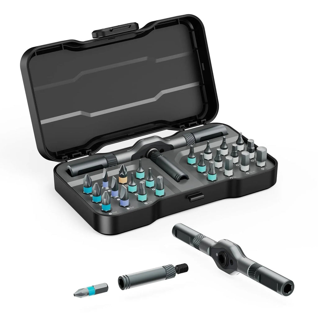 24-in-one ratchet screwdriver set with S2 CRV cutter head, 140mm nickel-chromium steel bar, and magnetic tip
