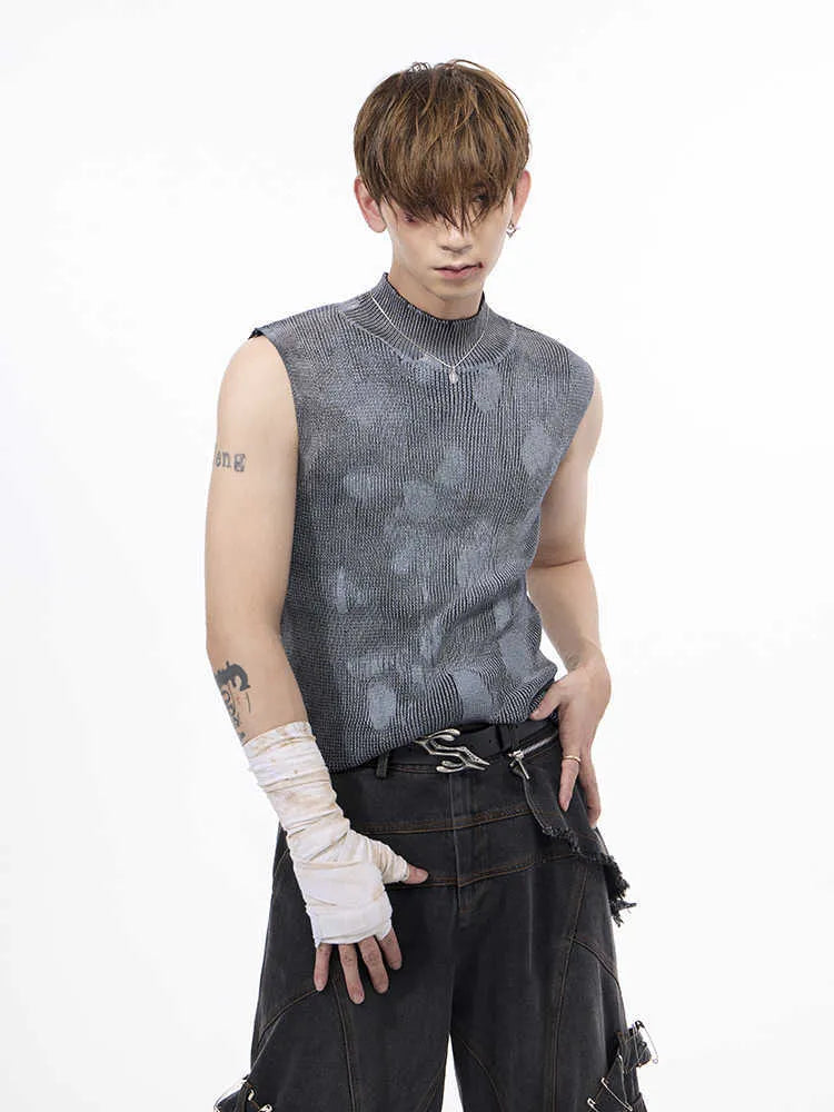 Men's black silver pastebrushing wool texture sleeveless vest with stand collar