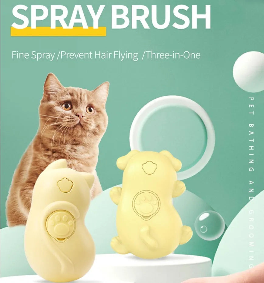 Yellow electric one-click disposable spray pet grooming brush for cats and dogs on white background