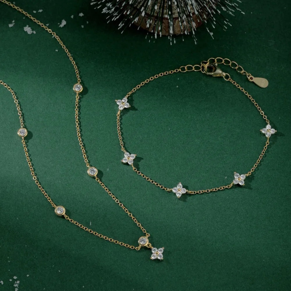 S925 sterling silver necklace and bracelet set with starry plant and flower zircon pendant in platinum colour or gold