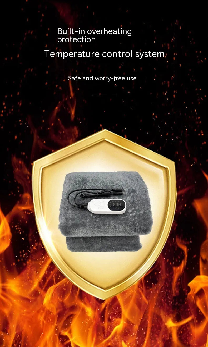 Grey 12V car electric blanket with cigarette lighter plug showing 160x150 cm double width dimensions