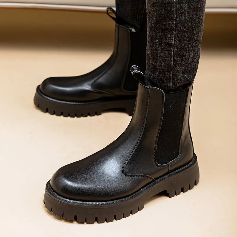 Men's Martin high-top PU leather boots with buckle closure in black on a white background showing side profile