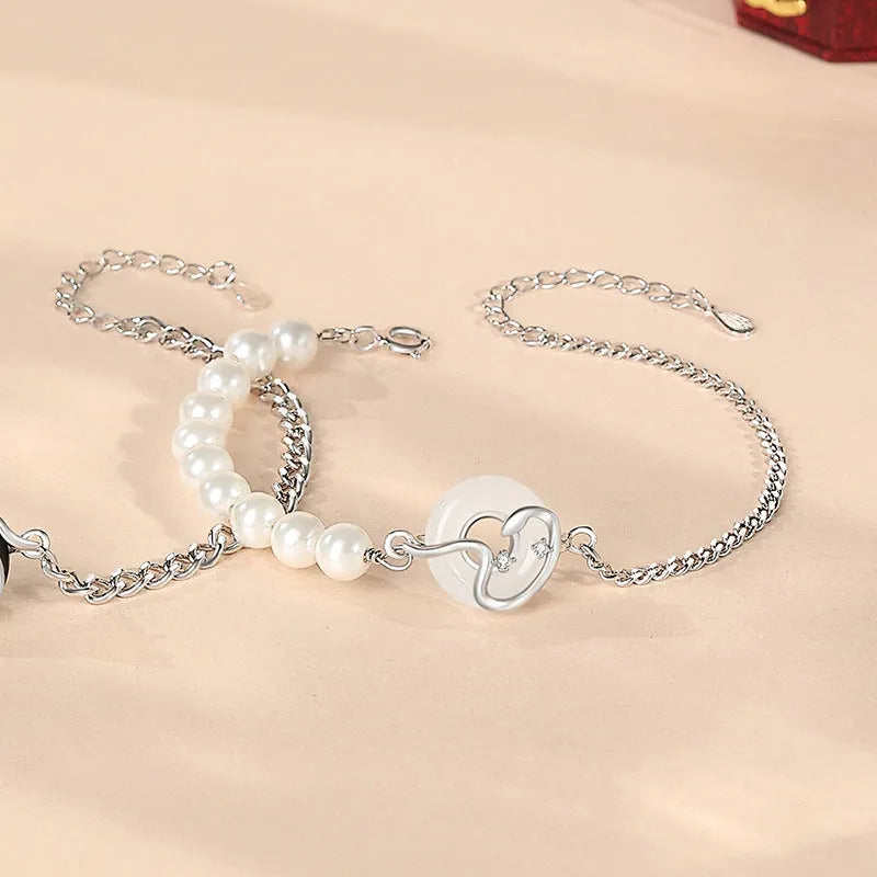 925 sterling silver couple bracelet with obsidian pearls and snake design in New Chinese style
