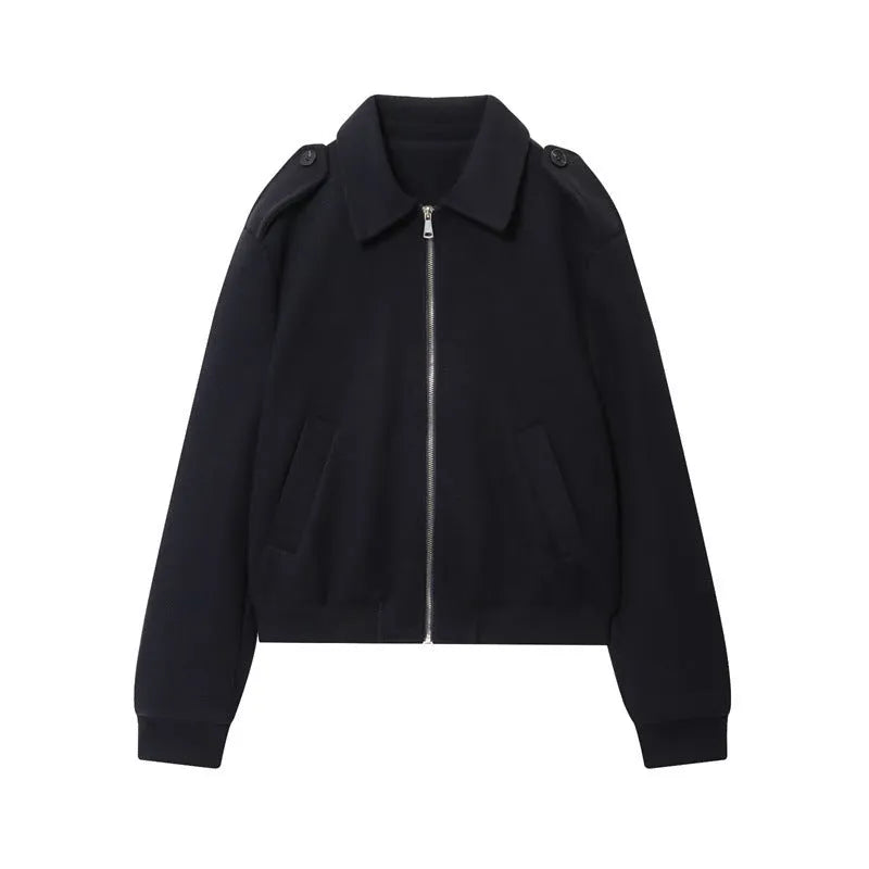 Women's navy blue PU coat with turn-down collar, zip front, long sleeves, 50cm length, sizes XS to L.