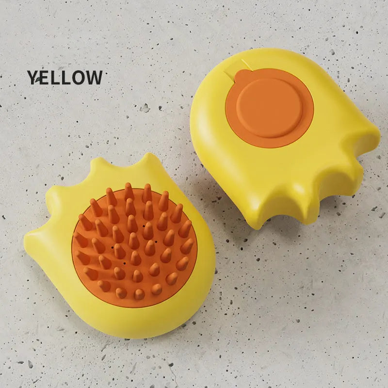 Blue pet bath brush with a massage comb head and a built-in shampoo box in the handle.