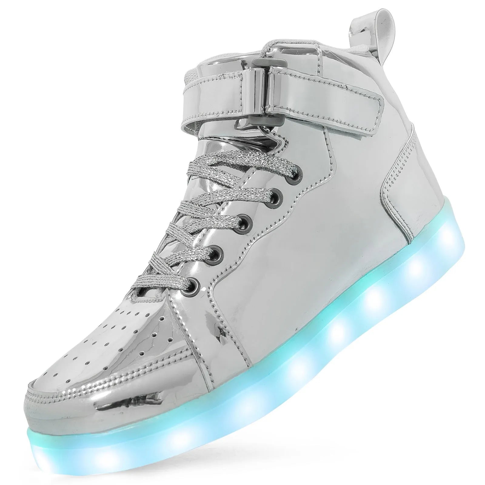 LED light-up high-top sneakers with Velcro strap in various colours on a solid background