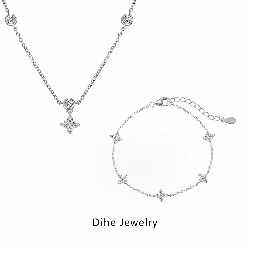S925 sterling silver necklace and bracelet set with starry plant and flower zircon pendant in platinum colour or gold