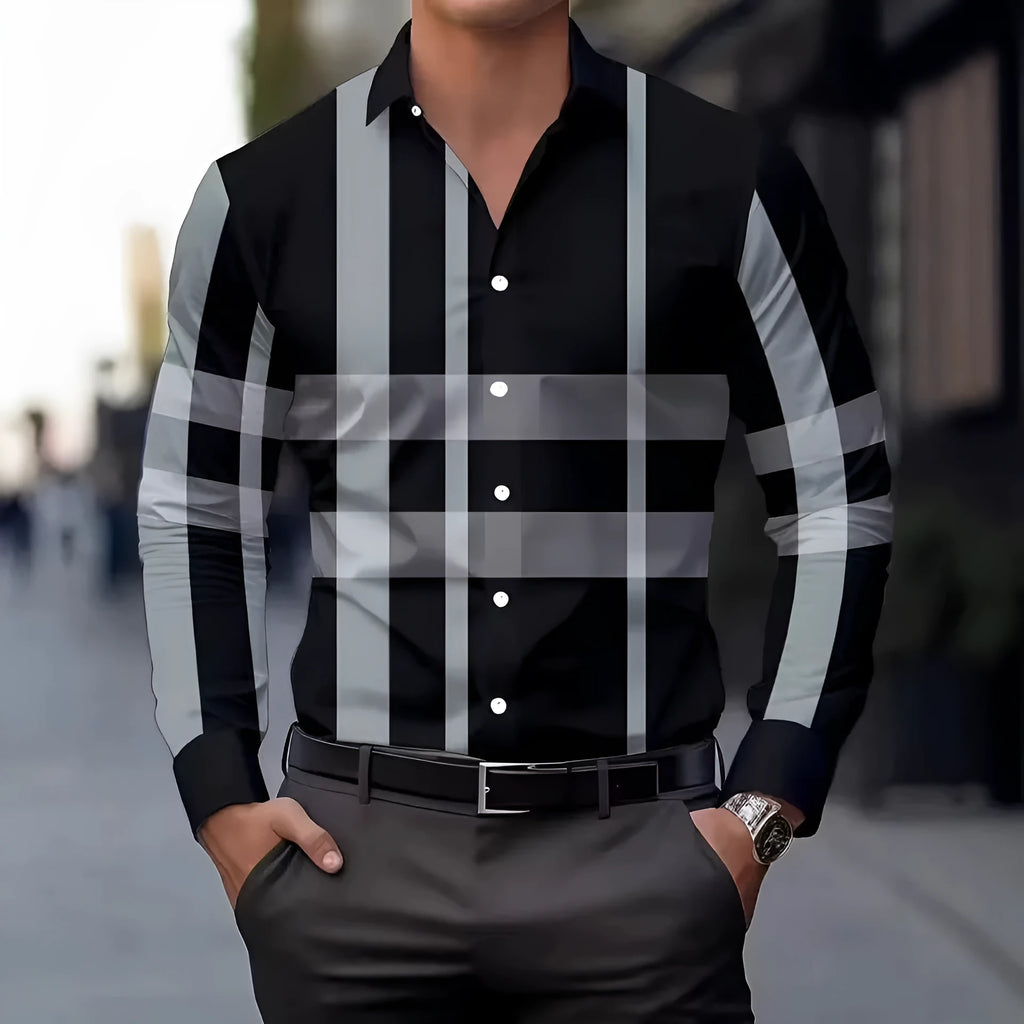 Man wearing a blue striped long sleeve button-up shirt with a lapel collar.