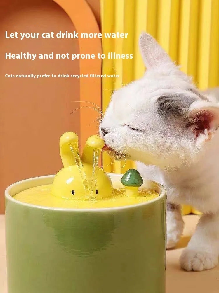 Ceramic automatic circulating pet water dispenser for cats and dogs in Rabbit White, Yellow or Green, small or large
