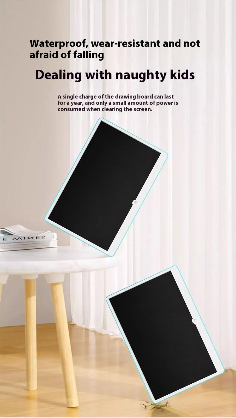 19-inch blue and white rechargeable LCD drawing board for children on a table.