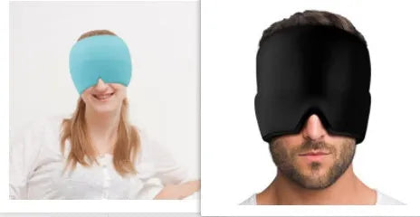 Black elastic ice gel headache relief eye mask shown on a mannequin head, adjustable for 42-66cm circumference.