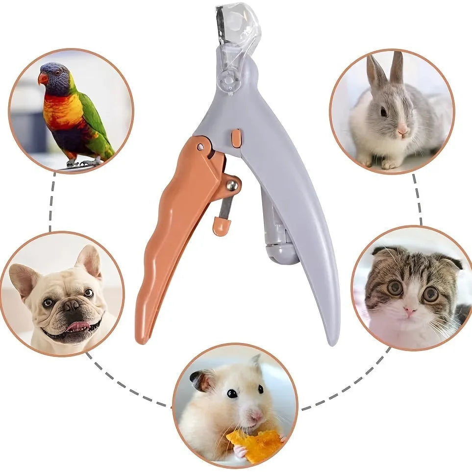 Yellow LED pet nail trimmer with magnifying glass catcher and light-up cutting head
