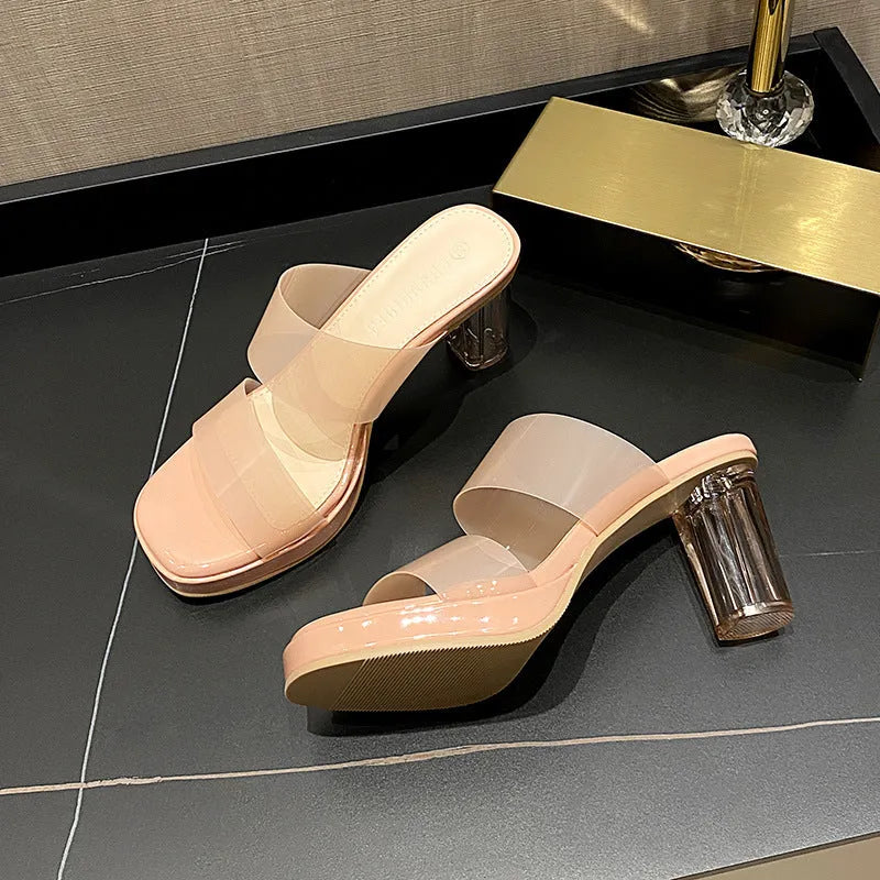 Square transparent slip-on sandals with straight outer line, TPU upper, 5CM or 7CM heel